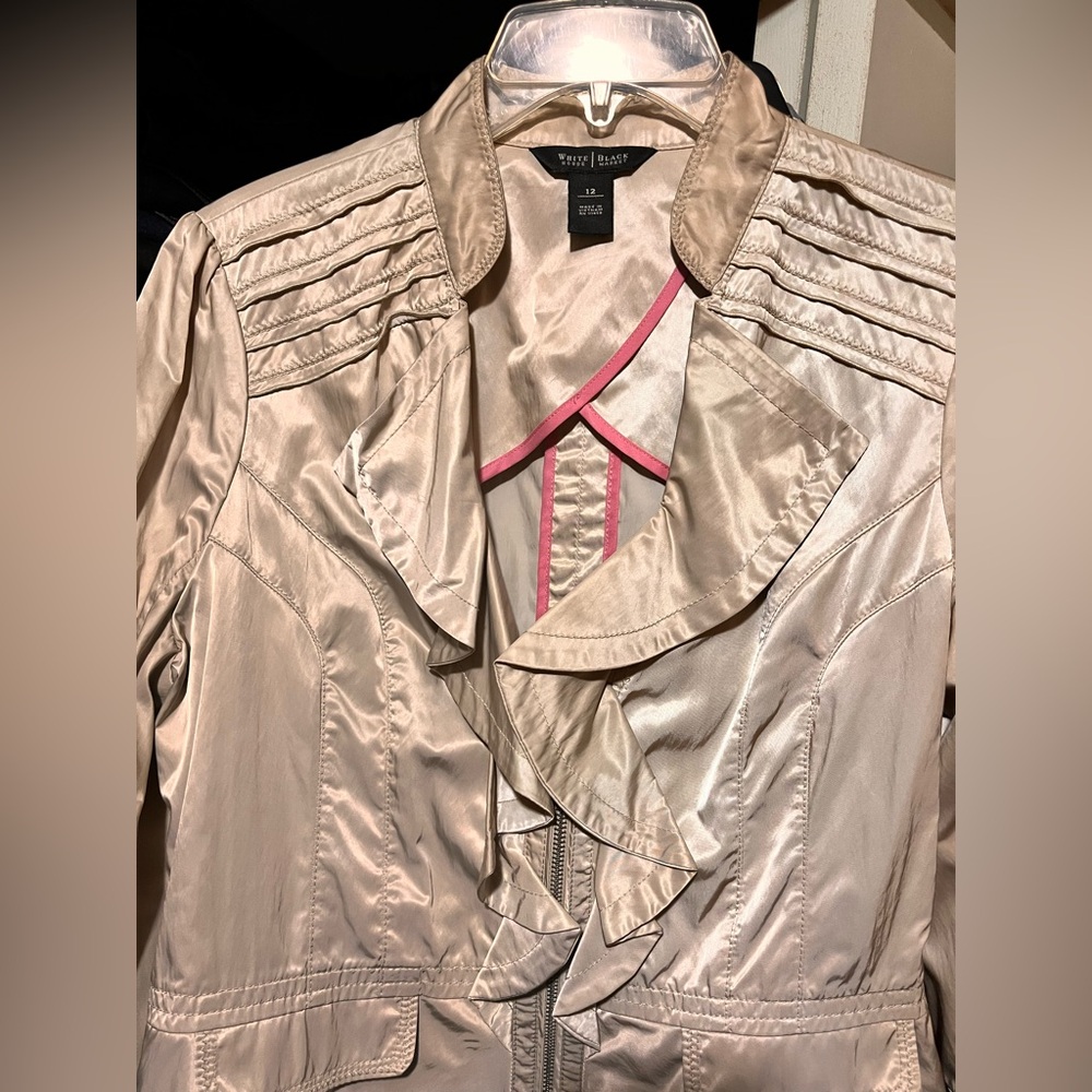 White House Black Market Satin Ruffle Cream Blazer with Pink Trim